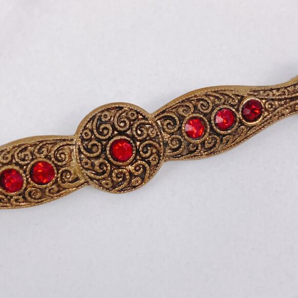 Vintage Gold Tone Bar Brooch Red Stones C Clasp Edwardian Victorian Revival - Picture 4 of 9